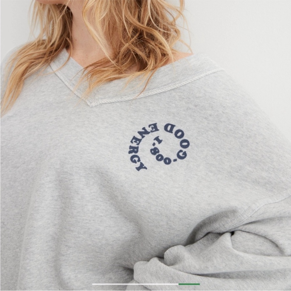 Aerie oversized v-neck sweatshirt "1-800-Good Energy" distressed gray XL